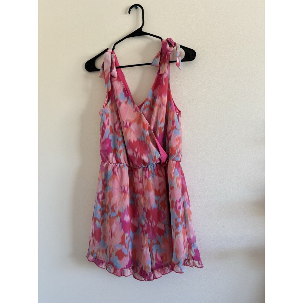 Pink Lily Abstract Watercolor Romper Size M Pink Blue Tie Shoulder V-Neck Ruffle